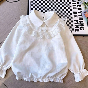 Elegante Maglietta Bianca in Pizzo Traspirante per Bambine, T-Shirt Base Versatile a Maniche Lunghe, Nuovo Stile Primavera-Autunno - Product Image 1