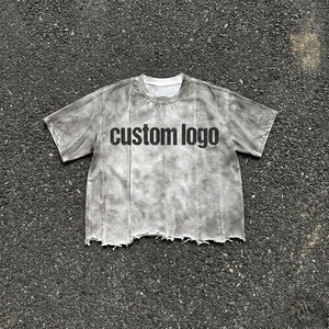 เสื้อยืดโอเวอร์ไซส์ทรงครอปสีเทาแบบไท-ได สำหรับผู้ชาย แขนสั้น คอกลม สไตล์สตรีท ผ้าเจอร์ซีย์ถักจากผ้าฝ้าย พร้อมโลโก้สั่งทำด้านหน้า - Product Image 1