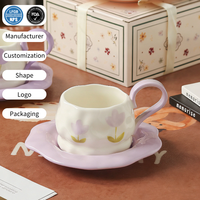 Ensemble de tasses à café en céramique moderne avec soucoupe, motif tulipe violette, résistant aux aliments, passe au lave-vaisselle, cadeau mignon pour femme