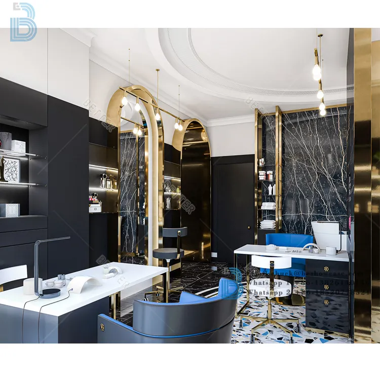 Armário de cabeleireiro para salão de beleza, design de loja delicado de cabeleireiro, design de interiores