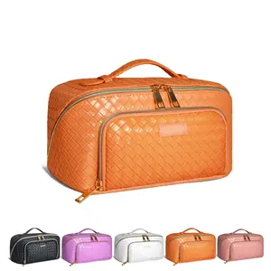 Large Customized Portable Travel Makeup Case Leather Cosmetic Bag With Strap Flat Lay Opening Waterproof Anti-Dust For Women