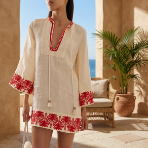 Robe courte bohème à col en V avec broderie de palmiers rouges, manches lanternes, coupe ample, 100% lin, tenue décontractée d'été - Product Image 1