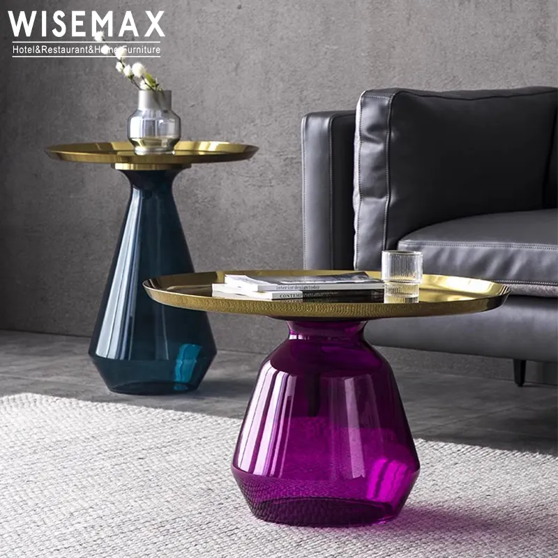Wisemax đồ nội thất Retro ánh sáng sang trọng Vòng Bàn cà phê thiết lập đồ nội thất hiện đại kim loại trong suốt Glass End bảng cho căn hộ