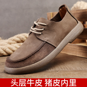 Chaussures pour hommes à bout rond en cuir véritable, à lacets, respirantes, style rétro, décontractées, semelle souple, dessus en cuir de vache - Product Image 5