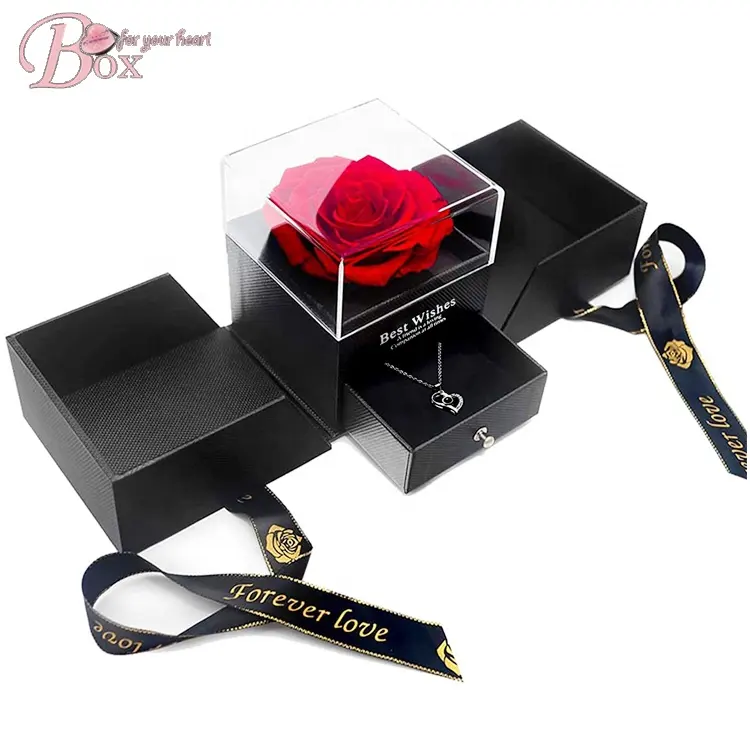 Kotak Karton Mawar Mewah Hadiah Pita Kertas Akrilik Pernikahan Plastik Laci Perhiasan Kotak Buket Bunga dengan Atasan Bening