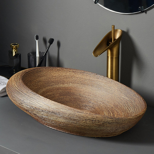 Lavabo de salle de bain en céramique LJ24-066-074, lavabo ovale, couleur <span class=keywords><strong>bois</strong></span> grainé, lavabo rétro de salle de bain - Product Image 4