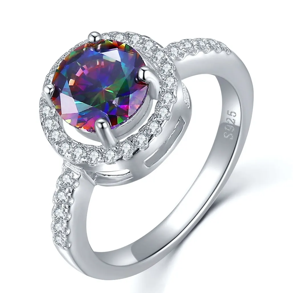 Classic CZ Jewelry 925 Sterling Silver Rainbow Mystic Topaz Round Engagement Rings