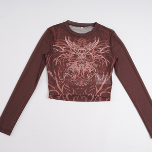 Crop top en maille à manches longues imprimé totem, transparent, coupe ajustée, style gothique américain vintage, tendance sexy pour femme - Product Image 6