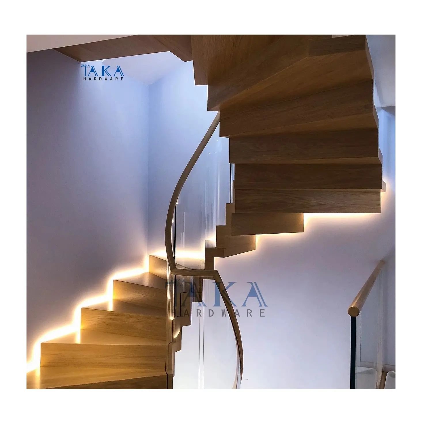 Curved Wooden Staircase With Glass Railing Wood Treads fot Luxury Design Led Light Indoor Wood Arc Stairs