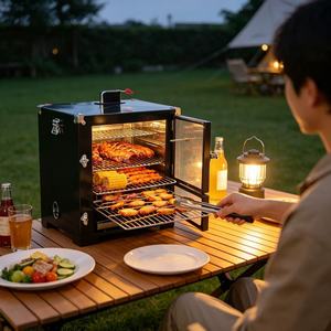 Mini four à charbon de bois de table avec thermomètre et double porte pour grillades en extérieur - Product Image 1