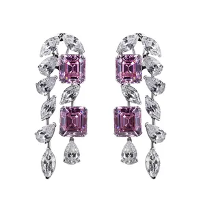 Woman Earring Pink Sapphire 18K White Gold Asscher Cut Lab Grown Diamonds Earring