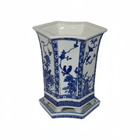 Pot de fleurs hexagonal bleu et blanc de Jingdezhen avec plateau, motif floral et d'oiseaux, pot en céramique antique pour orchidées et bonsaïs