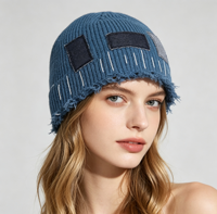 Bonnet tricoté vintage déchiré à franges avec patch en jean, style Y2K, casquette unisexe pour l'hiver