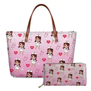 Cute Lightweight Cartoon Nurse Medicine Purses And Handbags For Women Casual Shoulder Tote Bags With PU Leather Long Wallet Pink