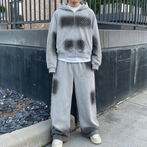 Custom french terry Sweatsuits Unisex Sets Oversized Black Cotton <b>Blank</b> Tracksuits Baggy Straight Leg Sweatpants and Hoodie Set - Product Image 3