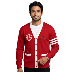 Men's Red V-Neck <b>Cardigan</b> With IU Embroidery And White Stripes Full Sleeve Knitted <b>Sweater</b> Autumn Wear - Product Image 1