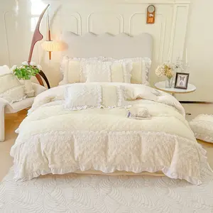 White milk velvet home textile high quality lace comforter cover bedding set wholesaler