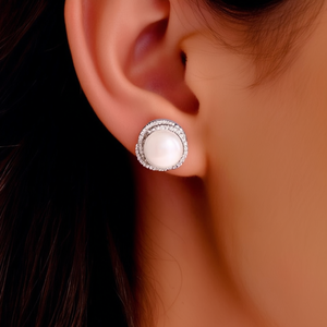 Pendientes de Perlas de Oro Blanco E2316, Diseño Clásico de Flor, Engaste en Bisel, Joyería de Moda para Mujer, para Bodas - Product Image 2