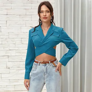 Weixin Double Crazy Women Office Top Cross Wrap Front Buttoned Back Top