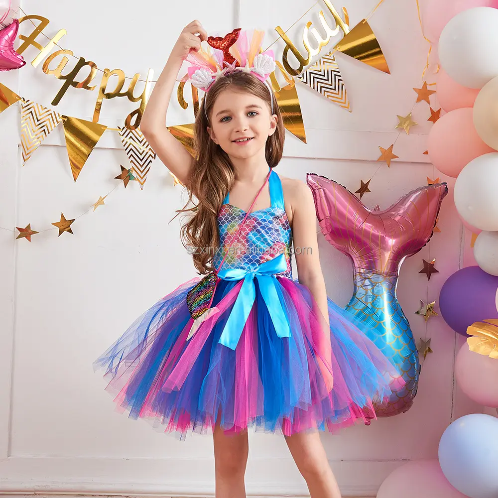 Hot Sale Tutu Ocean Mermaid Princess Scales Pattern Girl Puffy Dress Cosplay Performance Birthday Dress Girls Party Dress