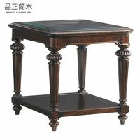 Table basse de style américain, en bois massif importé, carrée, à quatre pieds, avec rangement à double niveau, table basse en verre