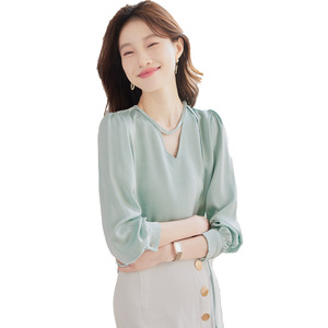 French Style V-neck Ribbon Draped Blouse Women Spring Summer Satin Solid Color Commuting Shirt Q9948 - Product Image 5