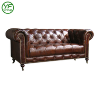 Vintage Chesterfield-Sofa aus echtem, hellfarbenem Vollnarbenleder, klassisches Retro-Sofa, 3-Sitzer-Sofa-Set