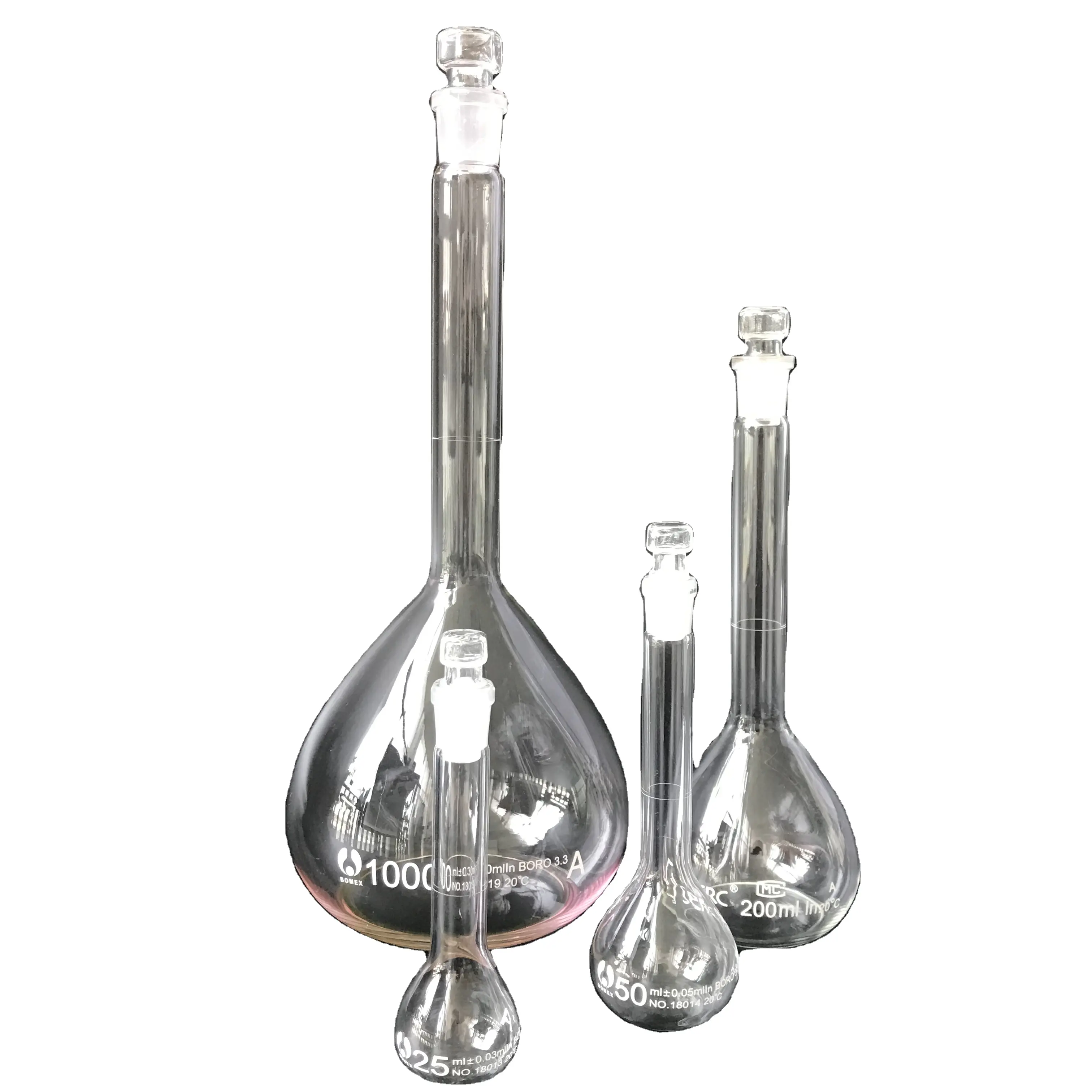 Botella de vidrio de borosilicato químico, matraz de medición de 5ml, 50ml, 200ml, 500ml, con tapón