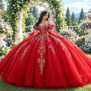 Robes de Quinceañera et de fête Sweet 16 unies, vintage, à paillettes, épaules dénudées, plissées, taille naturelle, en tulle à étages, avec traîne chapelle - Product Image 1