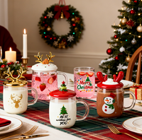 Vente en gros de tasses à souhaits de Noël de 340 ml, en verre borosilicate à double paroi, en forme de bois de cerf dorés, avec couvercle sans BPA, anti-fuite