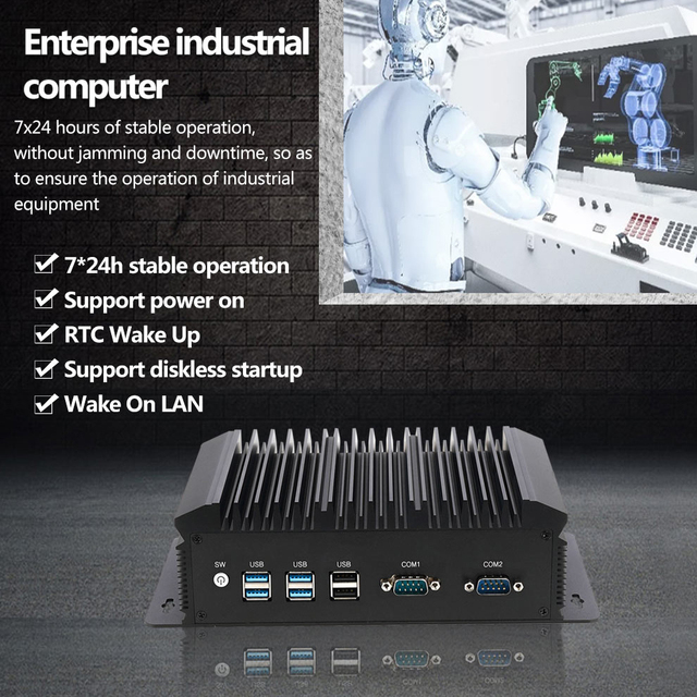 ZOOMWIN Rugged Fanless Industrial PC with 2x RS232 COM Ports Embedded Mini Computer for Factory Automation & POS Systems