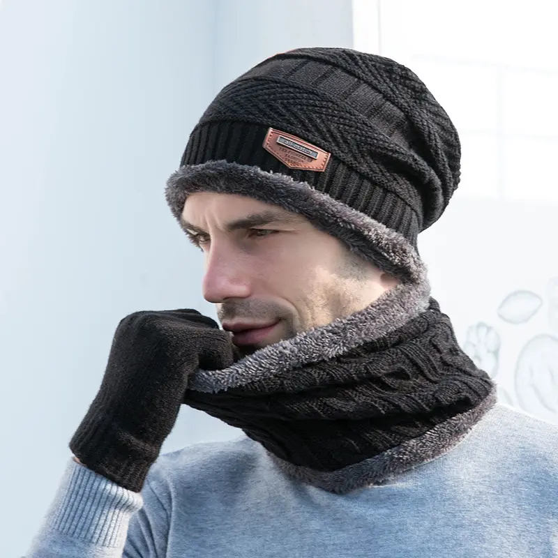 Custom 3 PCS Unisex Winter Beanie Hat Scarf Touchscreen Gloves, Warm Knit Fleece Lined Beanie Gloves Infinity Scarf Set