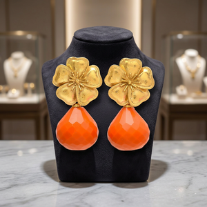 18k Gold Plated Brass Ethnic Unisex Flower <b>Earrings</b> with Radiant Orange G - Product Image 3