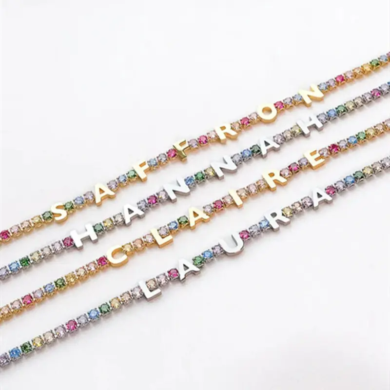 Qiuhan Drop Shipping A-Z 26 capital Letter ICY Rainbow Zircon Tennis Chain Custom Name Choker Necklace