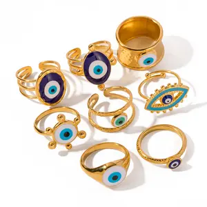 Stocks Selling NON Tarnish Adjust Stainless Steel Ring Evil Eyes Jewelry Vintage 18K Gold Plated Waterproof Rings for Lady