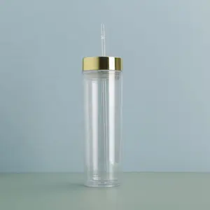 16oz Personalized Skinny Tumbler with straw custom acrylic tumbler double wall plastic party tumbler Gold Monogram gift cup