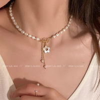 Biji nasi air segar mutiara kecil bunga aster kalung feminim jaring merah segar cangkang air collarbone desain rasa