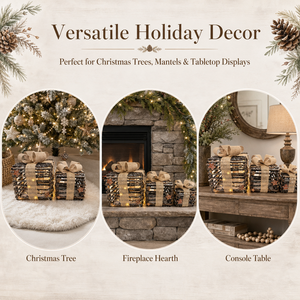 Lot <span class=keywords><strong>de</strong></span> 3 boîtes cadeaux rustiques carrées en bois éclairées avec nœuds en toile <span class=keywords><strong>de</strong></span> jute et LED chaudes, pour décorations <span class=keywords><strong>de</strong></span> Noël sur le sapin, le cheminée ou la table - Product Image 4