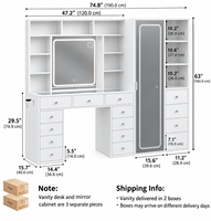 Vente en gros de coiffeuses modernes en bois personnalisables avec miroir LED pleine longueur, couleur blanche |   Meuble de rangement à 15 tiroirs et compartiments ouverts avec prise électrique pour maquillage