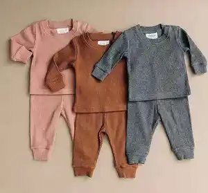 Baju Bayi Baru Lahir 2 Potong, Pakaian Piyama Katun Rusuk Warna Polos