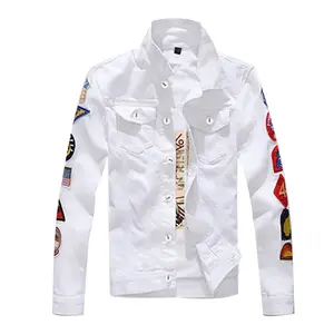 Oem Custom Men Jacket Applique Fall Casual Pocket Zipper Denim Jacket Fashion Light White Jackets For Men