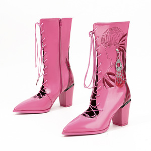 Botas de Moda para Mujer Otoño/Verano - Botas de Moda con Estampado de Personajes de Dibujos Animados, Tacón Grueso, Estilo Retro, Impermeables y de Color Sólido - Product Image 5