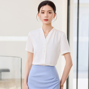 Women V-neck Short Sleeve Shirt White Solid Color Polyester Poplin Work Blouse Elegant Professional Office Wear - Product Image 3