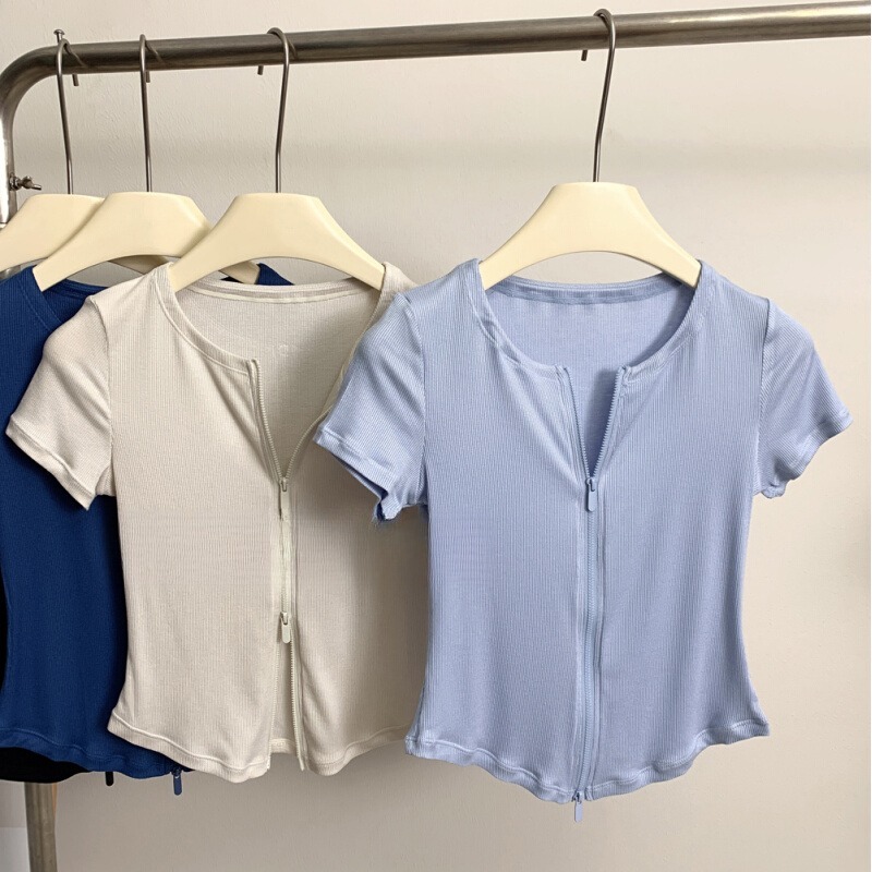 TP105 Women's Sports Yoga T-Shirt Double Zipper Crew Neck Slim Fitness Top Casual Short Sleeve Breathable Lightweight