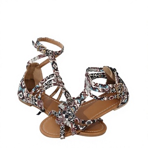 Multi Color Printed <b>Flat</b> <b>Sandals</b> Open Toe <b>Gladiator</b> Slip on PU Strap <b>Sandals</b> for Outdoor Wear - Product Image 3