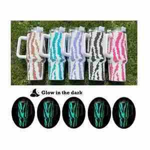 New 40Oz Crystal Zebra <b>Coffee</b> Glow in Dark Bling Rhinestone Tumbler Diamond Beer Mug Water <b>Bottle</b> With Lids - Product Image 1