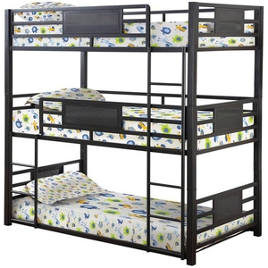 Lit superposé triple en métal robuste avec plateforme, barrières de sécurité et plateaux amovibles pour dortoirs et auberges de jeunesse - Product Image 1