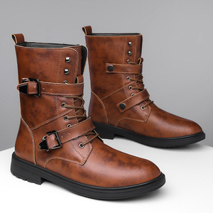 Bottes de motard hautes en cuir pleine fleur pour homme, à double boucle et lacets, doublure chaude, style <span class=keywords><strong>Martin</strong></span>, pour toutes les saisons et usage quotidien à moto - Product Image 1
