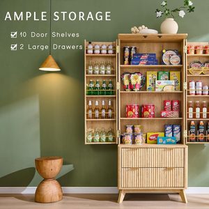 Armario de despensa estriado, aparador de cocina moderno de 72 "de alto, aparador de almacenamiento, 10 puertas, 2 cajones, armario de madera, fácil montaje, roble Natural - Product Image 2