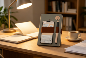Carnet de notes professionnel personnalisé A5, avec un stylo et une sangle <span class=keywords><strong>pour</strong></span> téléphone. Carnet personnalisé avec couverture en carton gris et logo. - Product Image 2